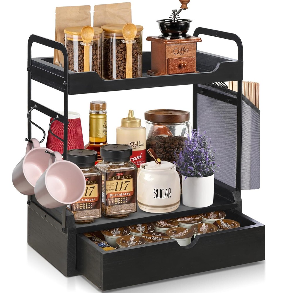 Coffee Bar Accessories and Organizer, 2-Tier Coffee Station Organizer, Wood K...