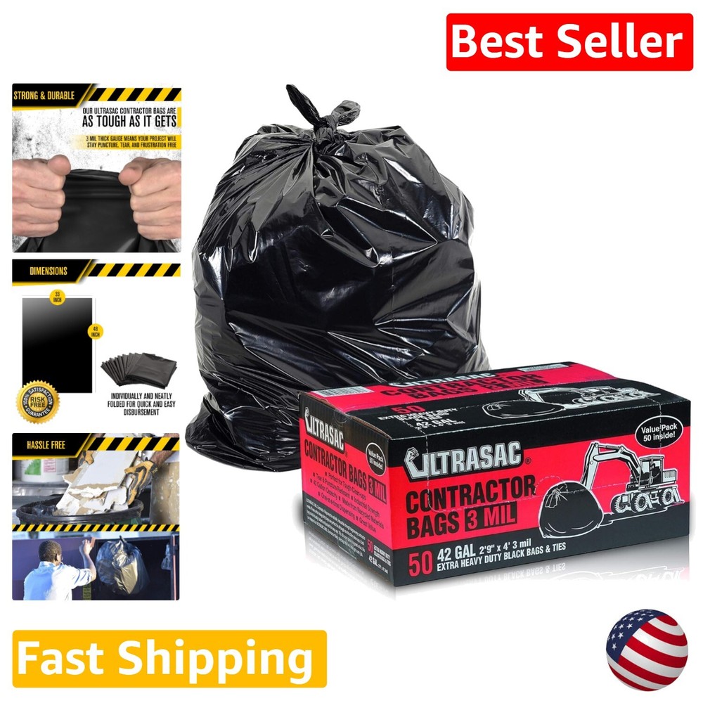 Industrial Garbage Trash Bags - 42 Gallon, 3 MIL Thick, Large Black, 50 Pack