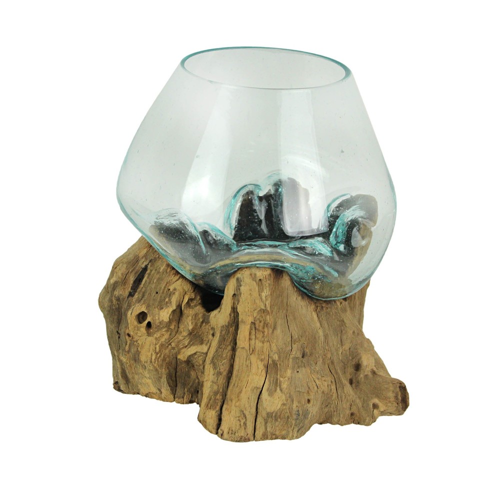 Melted Glass On Teak Driftwood Decorative Bowl Vase Terrarium Planter 6 Inches