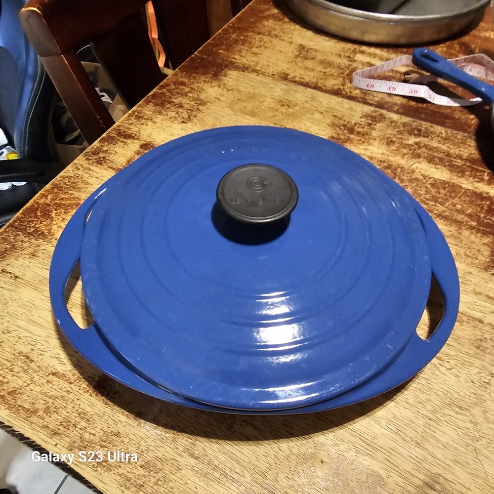 Blue Le Creuset #24 Enameled Cast Iron Brazier With Cover - 10 Inches Diameter