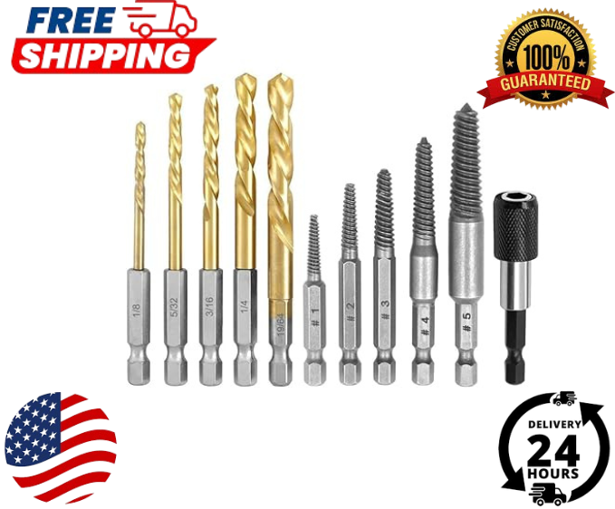 11PCS Left Hand Reverse Drill Bit Screw Extractor Set with 1/4 Inch Hex Shank