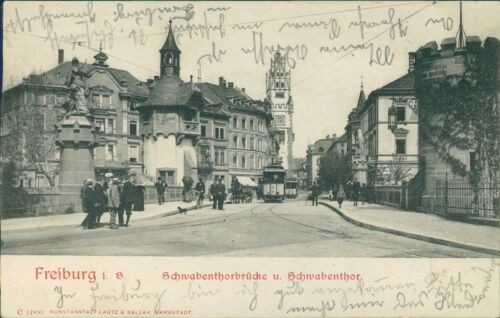 Ansichtskarte Freiburg Schwabenthorbrücke Schwabentor 1902 Straßenbahn (Nr.9505)