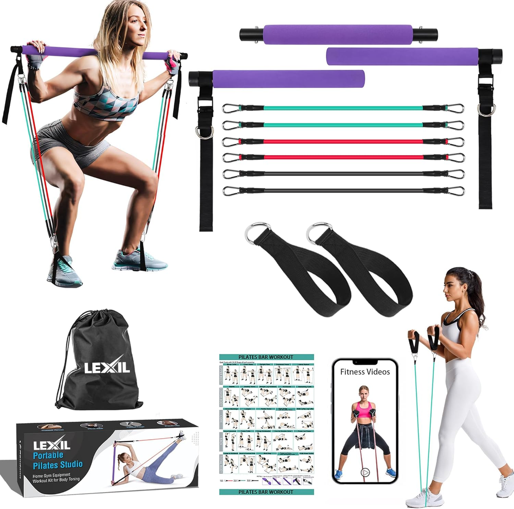 Portable Pilates Bar Exercise Kit-Stackable 3 Pairs of Resistance Bands (15, 20,