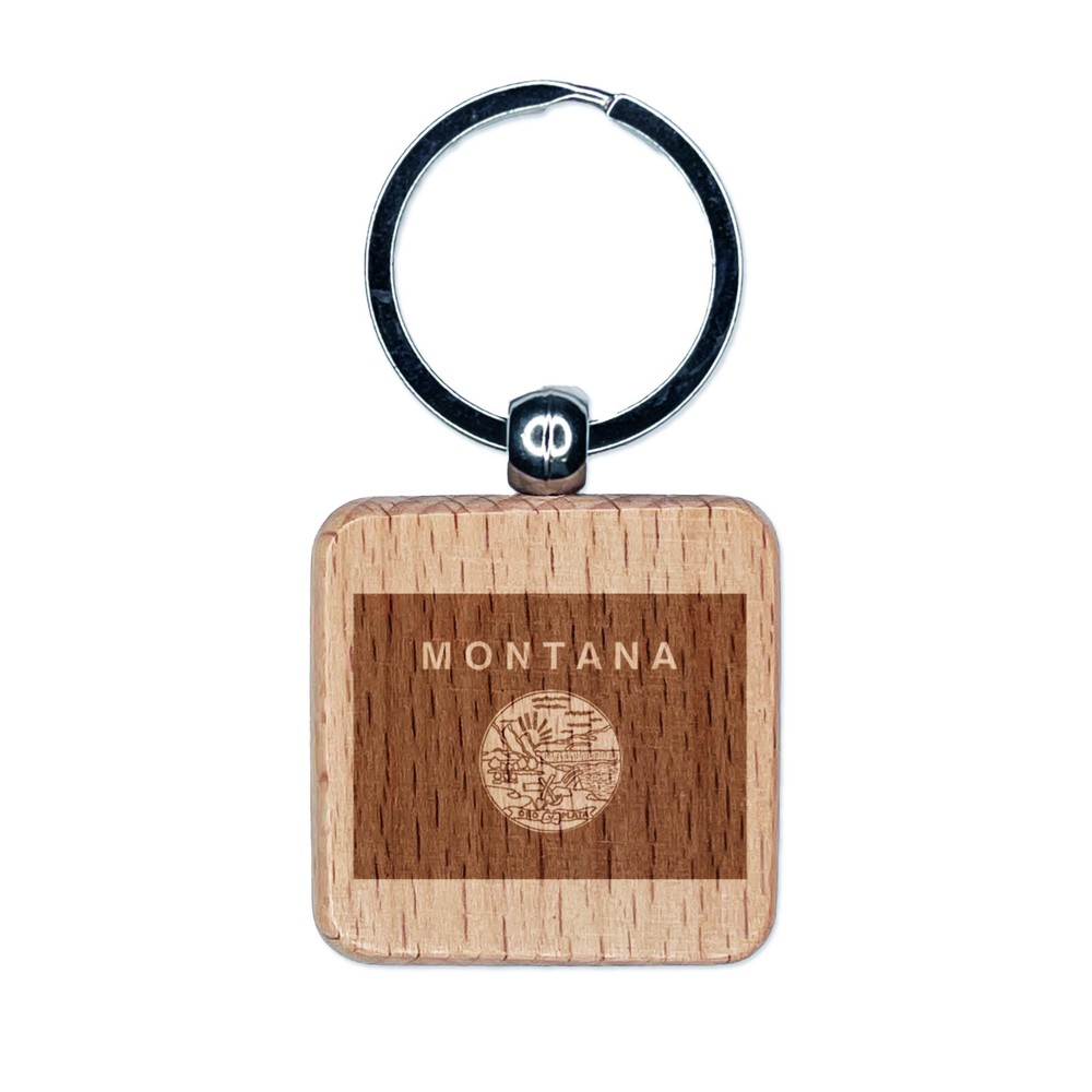 Montana State Flag Wood Keychain with Laser Engraved Design  