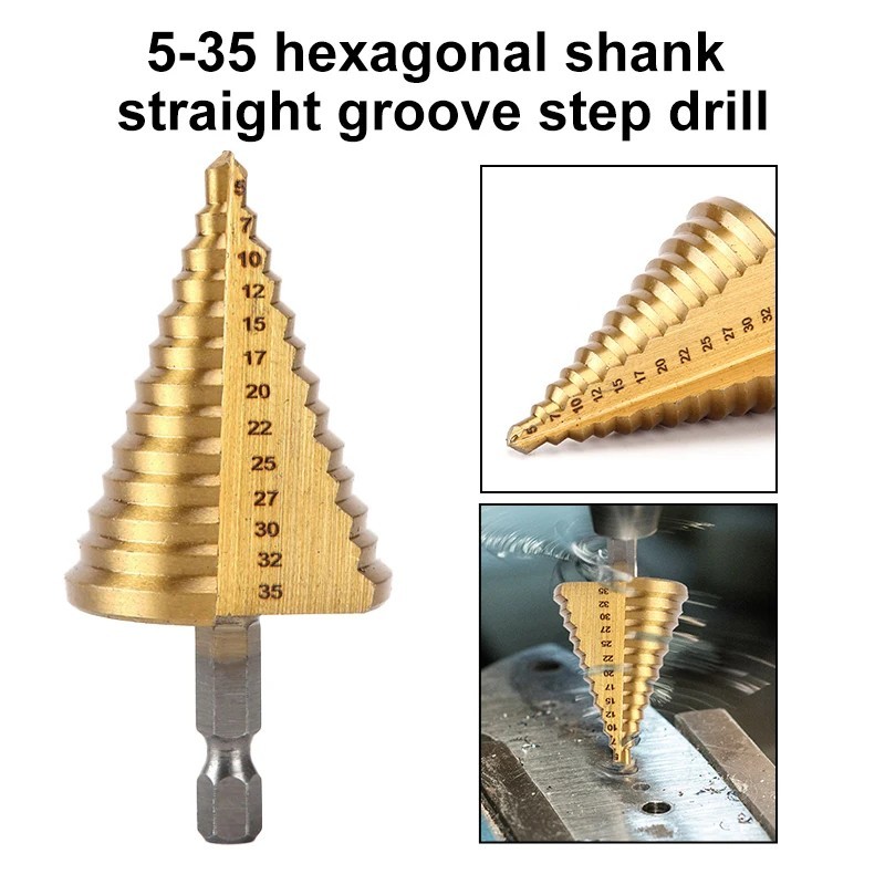 5-35MM Titanium Step Drill Bit Hex Shank Hole Cutter For Wood Metal PVC