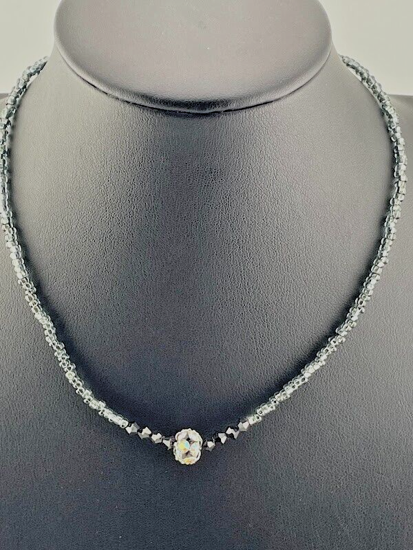 925 STERLING SILVER CRYSTAL BEAD BLUE BLACK NECKLACE 14-18