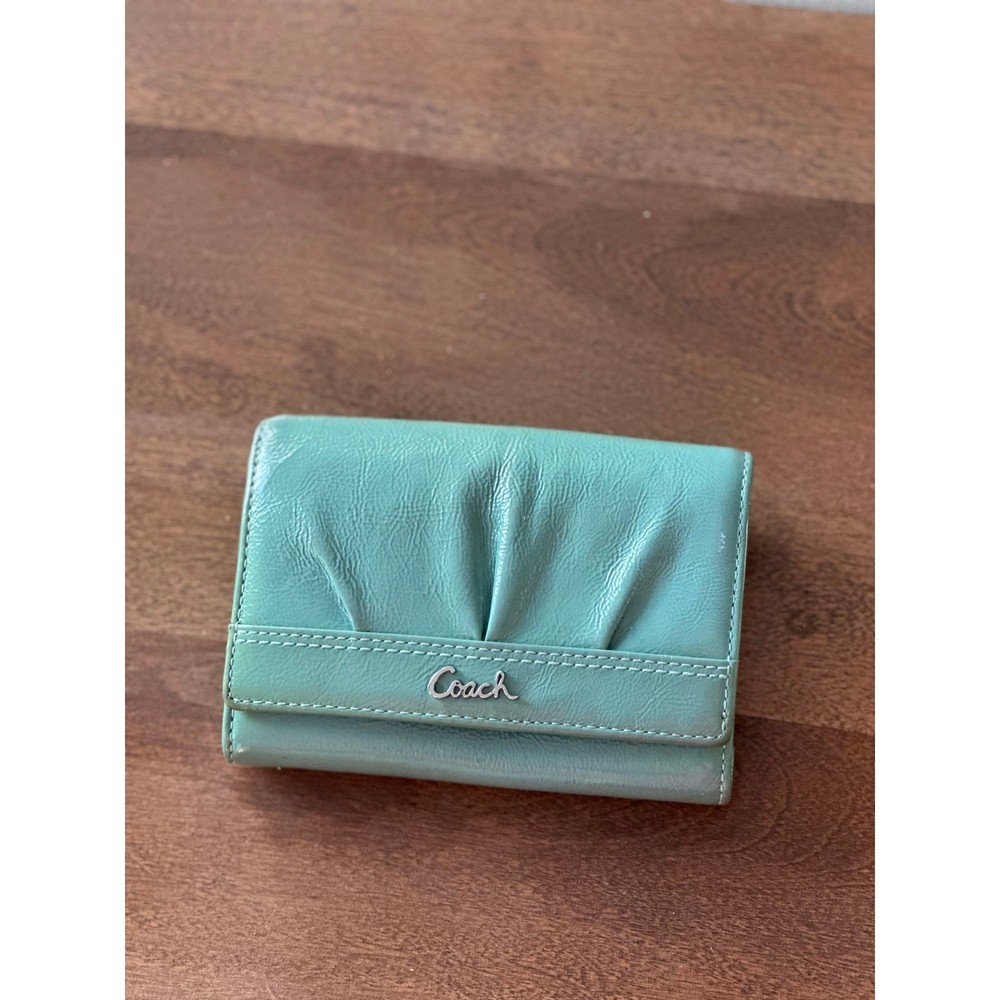 Coach Pleated Leather Wallet – Light Aqua Blue – Silver Logo