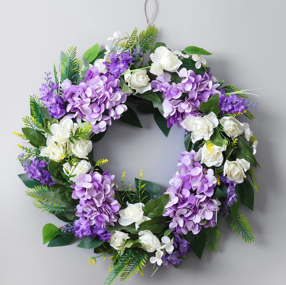 Summer Wreath Front Door Green Plant Purple Hydrangea 18 Inch Floral Decor
