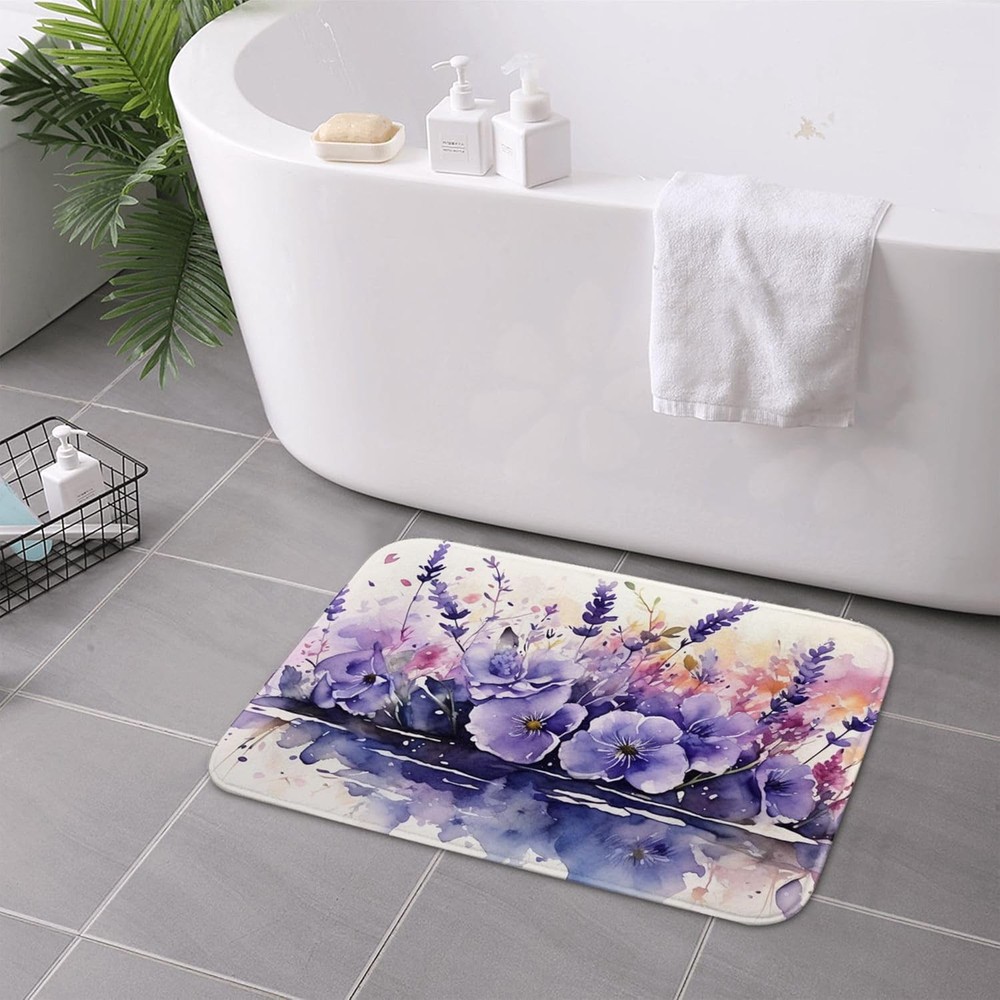 OHORTEB Non-Slip Floral Purple Bath Mat Rug, 24