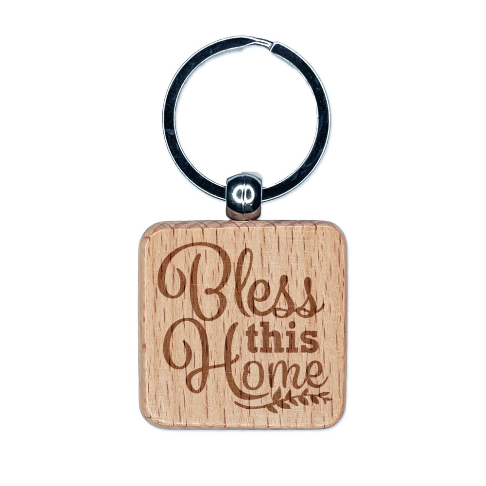 Bless This Home Wooden Keychain with Branch Engraved Design