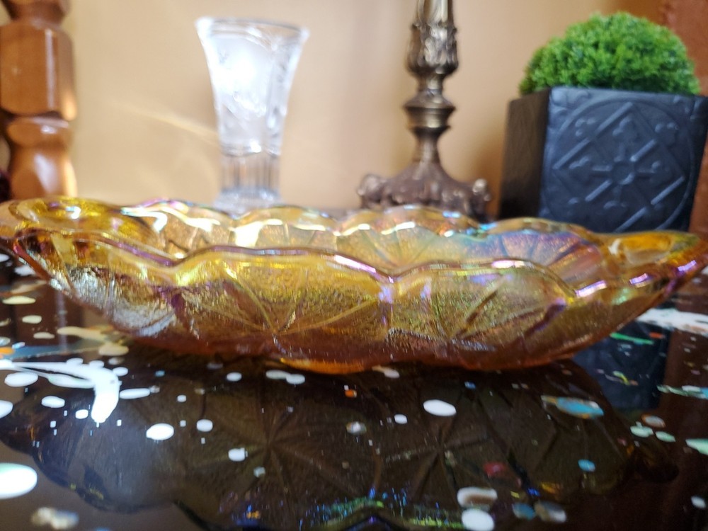 Vintage Amber Sunflower Carnival Glass Candy Dish Indiana Oval Excellent Condition  