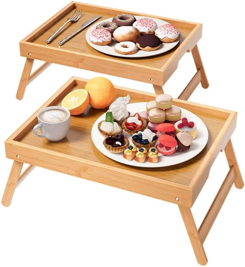 2 Pack Bamboo Bed Tray Table with Folding Legs,Breakfast Trays,Serving Tray for