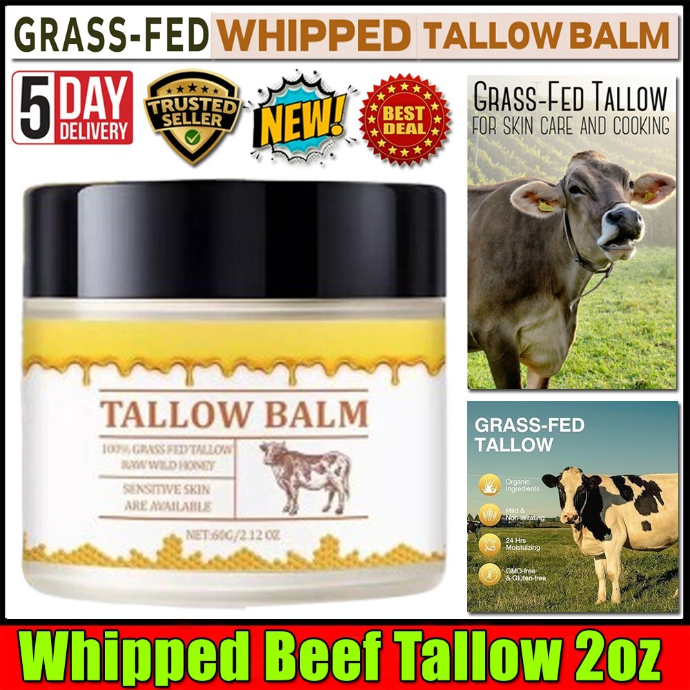 Whipped Beef Tallow and Honey Balm, 2oz, Unscented, Grass Fed Grass Finished