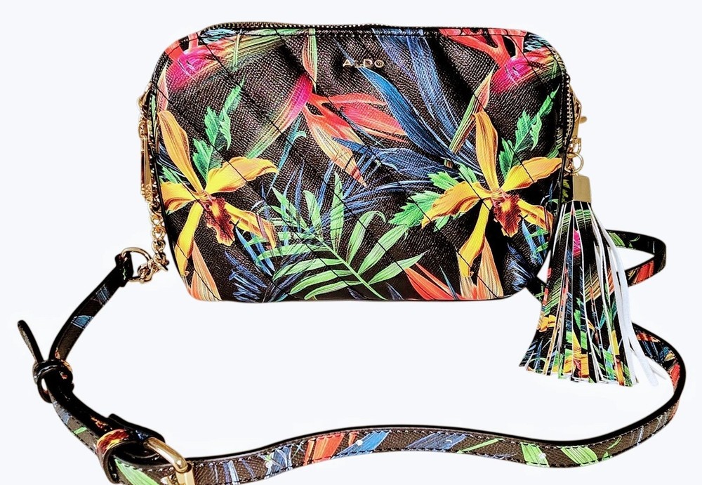 ALDO Tropical Crossbody Bag NWOT – Floral Print, Double Zip, Tassel, Chain Strap