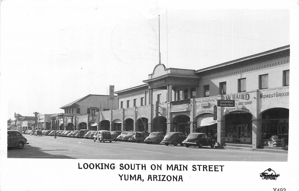 1947  Yuma Arizona Looking South Main transportation RPPC Postcard 25-4095