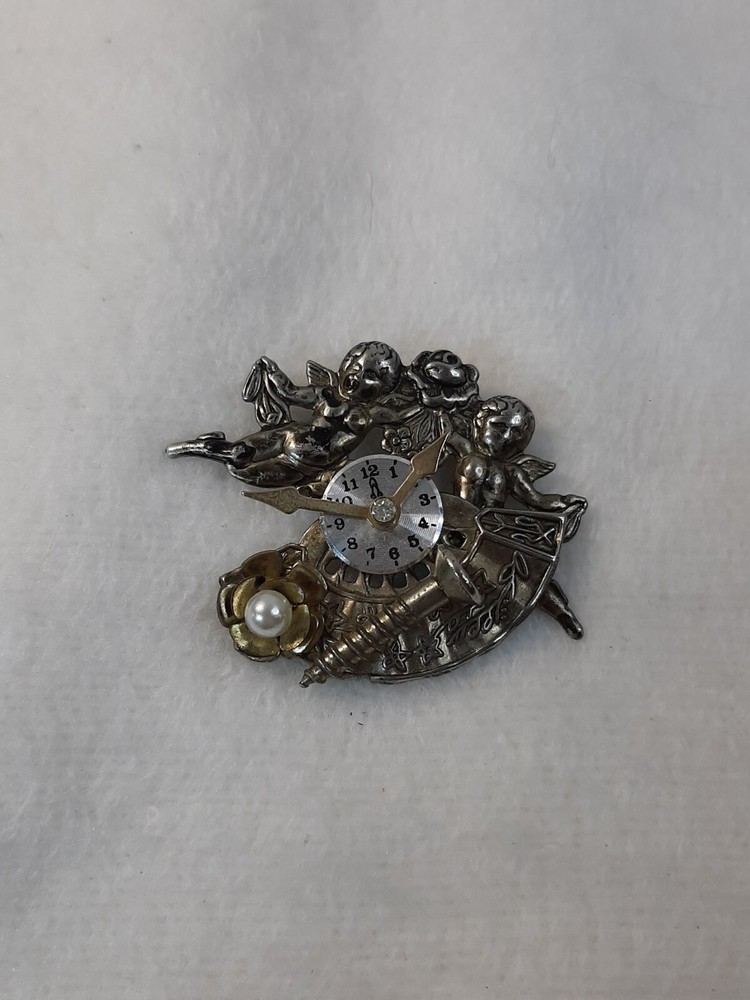 Victorian Steampunk Cherub Angel Flower Clock Gold Tone Pin Brooch 1960's Vtg