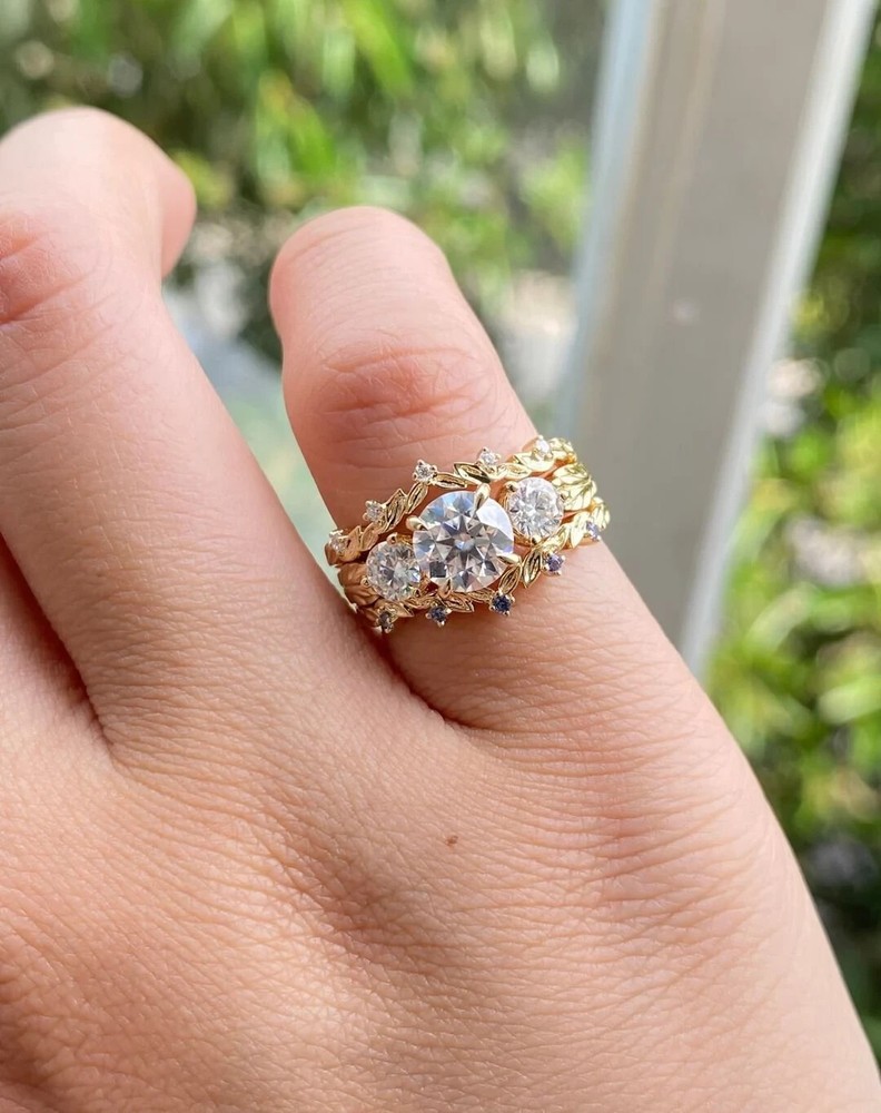 Round Cut D Color Moissanite 14K Yellow Gold Bridal Set