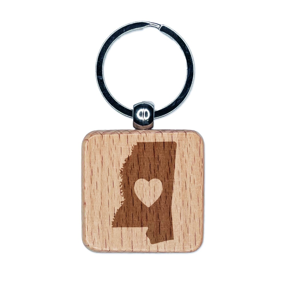 Mississippi State with Heart Engraved Wood Square Keychain Tag Charm