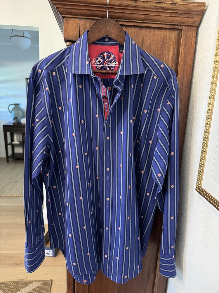 Robert Graham Shirt Men's XL Blue Stripe Floral Red White Blue Patriotic