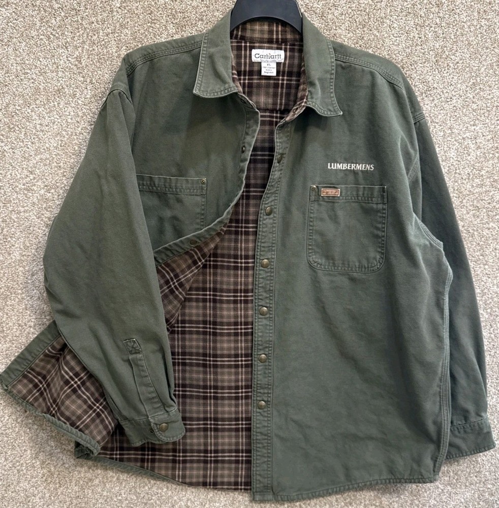 Carhartt Jacket S96 MOS Mens Size XL Green Canvas Flannel Lined Snap Shirt