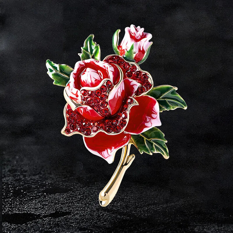 Women Elegant Luxury Red Roses Rhinestone Brooches Pins Exquisite Noble Jewelry