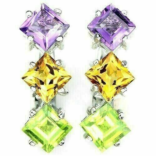 Silver Earrings with Natural Amethyst Citrine Peridot in Sterling Silver