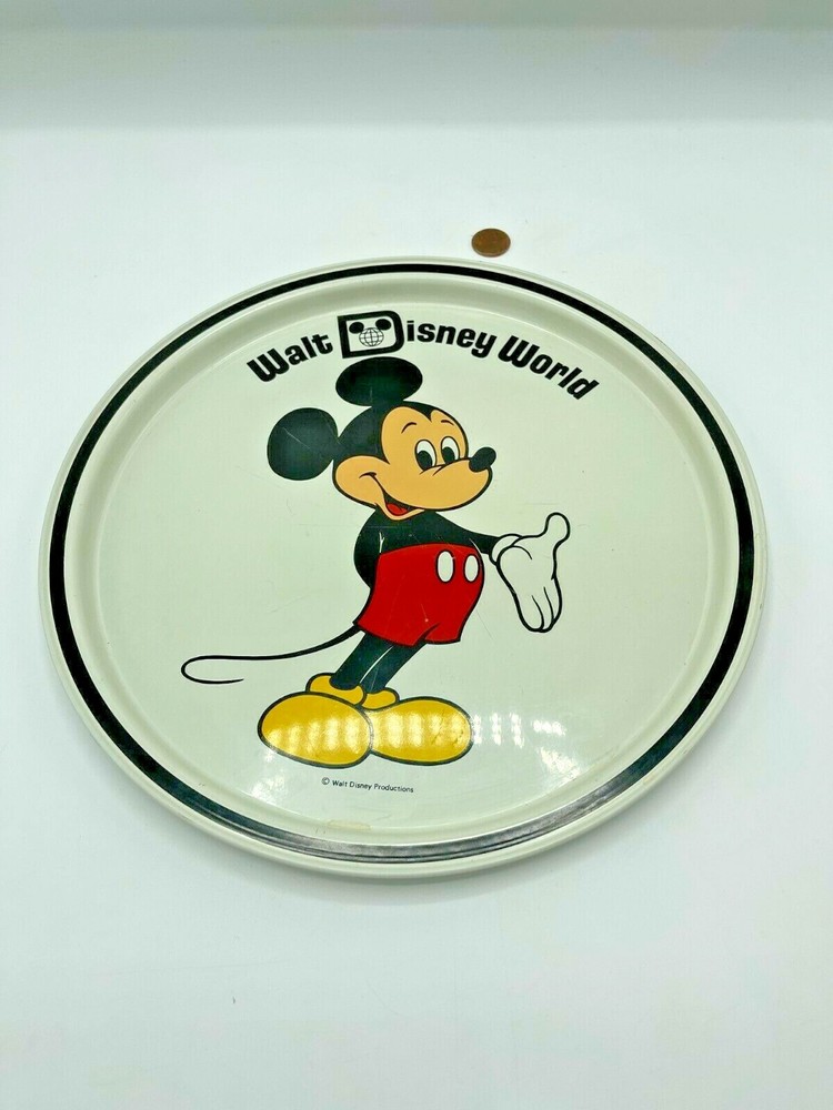 1970s Vintage Walt Disney World Florida Mickey Mouse Metal Tray 10.5 Inch Souvenir