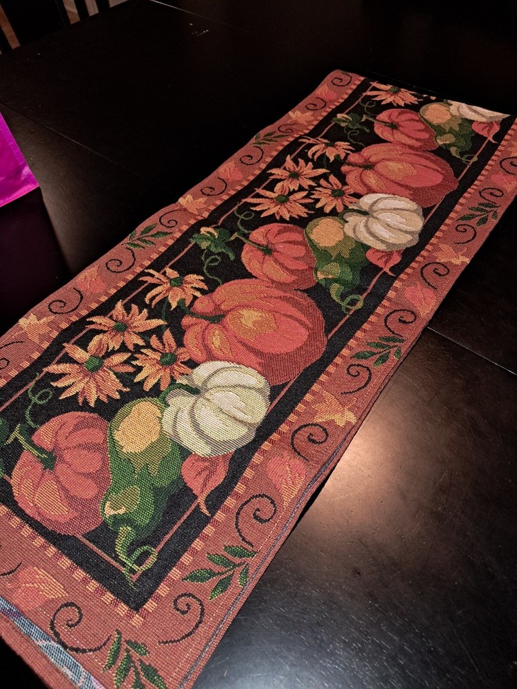 Fall pumpkin tapestry table runner, long, Thanksgiving