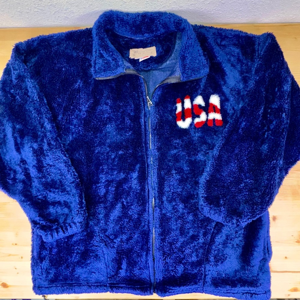 Vintage Bear Ridge USA Flag Sherpa Fleece Jacket XL Made in USA Patriotic 90s