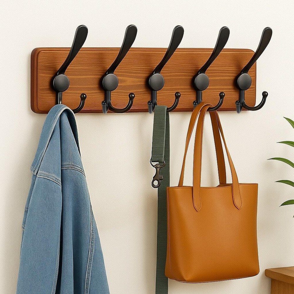 17.5 Inch Solid Pine Wood Wall Mounted Coat Rack with 5 Triple Hooks
