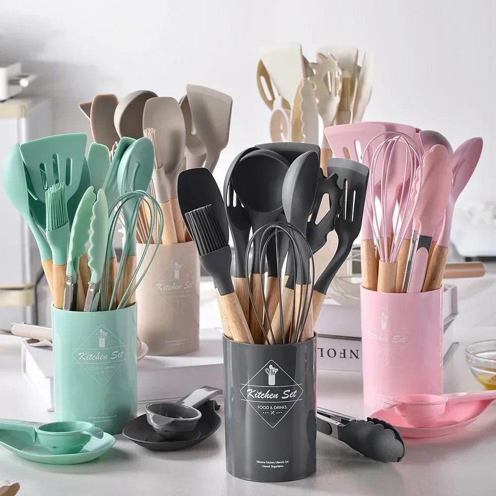 12PCS Food-Grade Silicone Kitchen Utensils Set - Spatulas, Turners & Measuring S