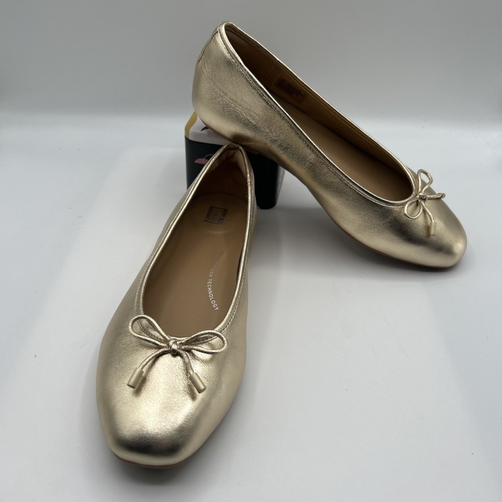 FitFlop Women’s Delicato Bow Soft Metallic Gold Leather Ballet Flats,SZ: 7 M