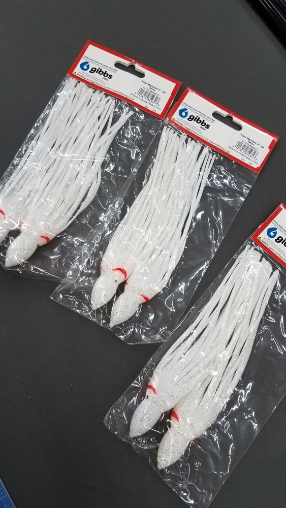 3 Zak Tackle Sup Mag Squid 8 Inch White Lures - 6 Total
