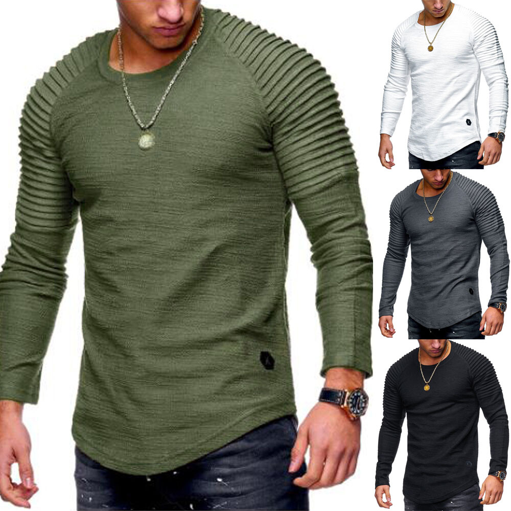 Mens Muscle T Shirt Slim Fit Top Gym Crew Neck Long Sleeve Plain Tee Shirt UK
