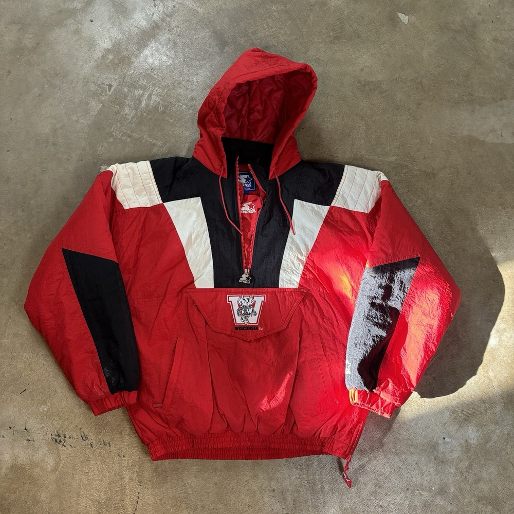 Vtg 90s NCAA Starter Wisconsin Badgers Puffer 1/2 Zip Hooded Jacket Mens XL