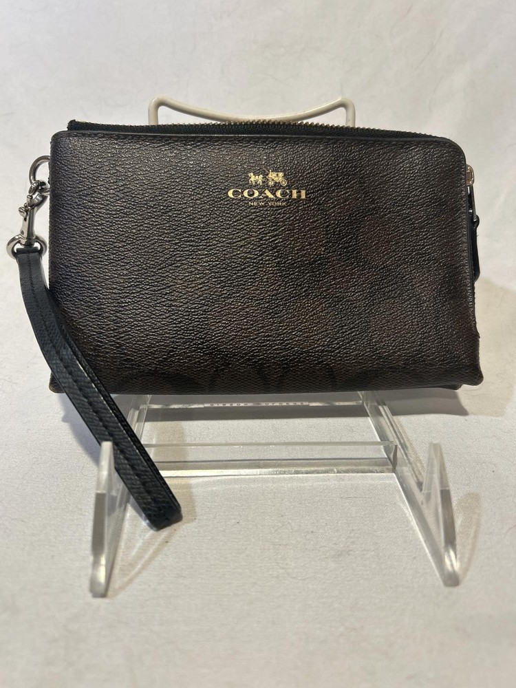 Coach Pre-Owned Brown & Black Signature Double Zip Wristlet Wallet
