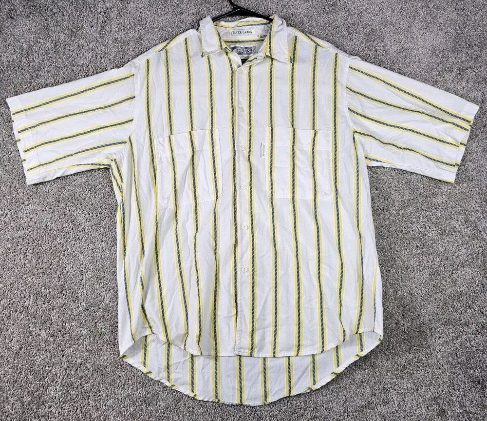 Vintage Levis Silver Label Striped Short Sleeve Button Up Shirt White Size Large