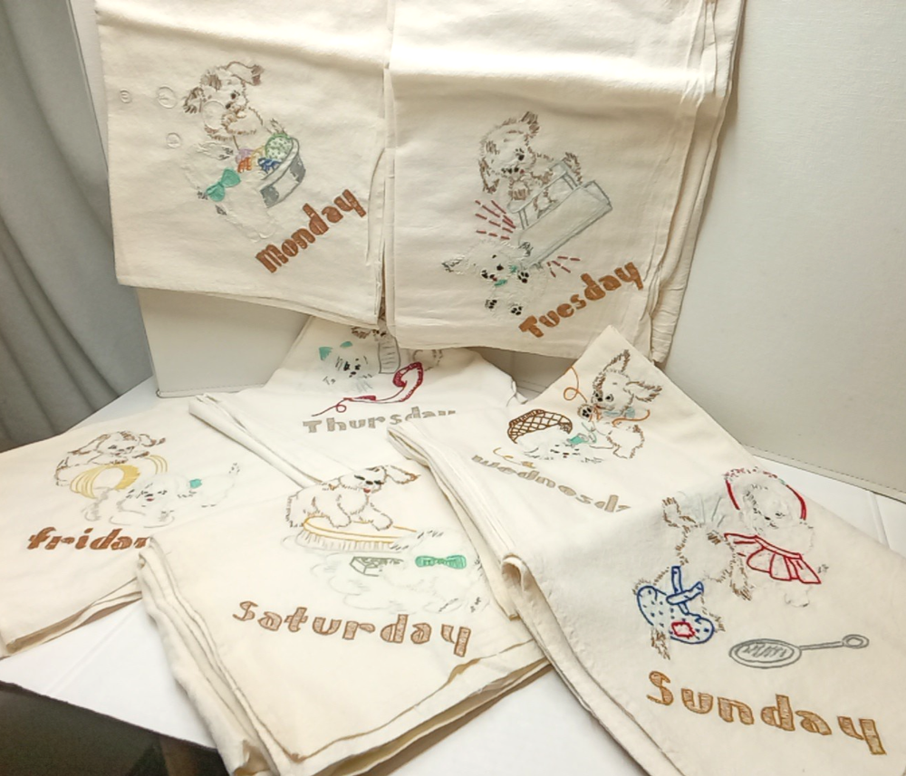 Vintage Tablecloth Set-7 Days of the Week Embroidered Puppy Kitsch Square 35x36