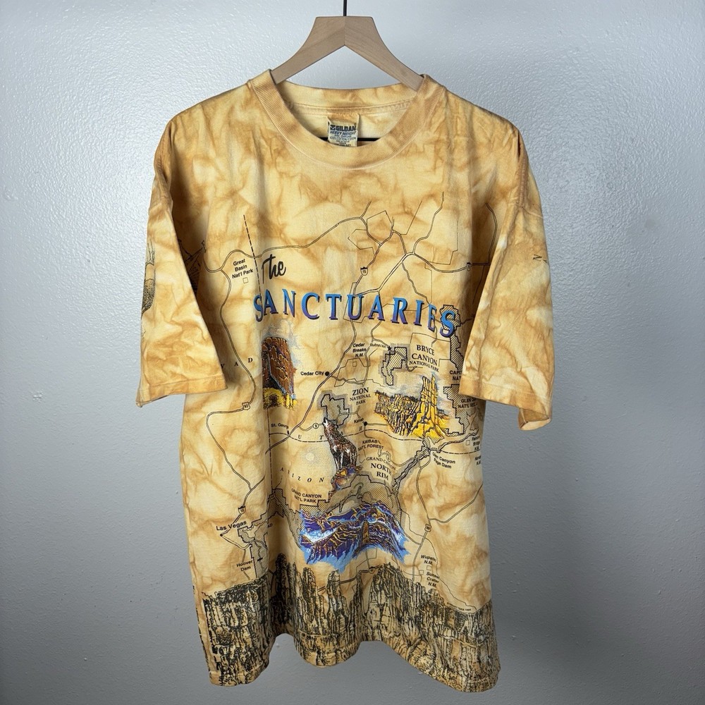 Vintage 90’s The Sanctuaries Map Geography All Over Print AOP T Shirt Size 2XL