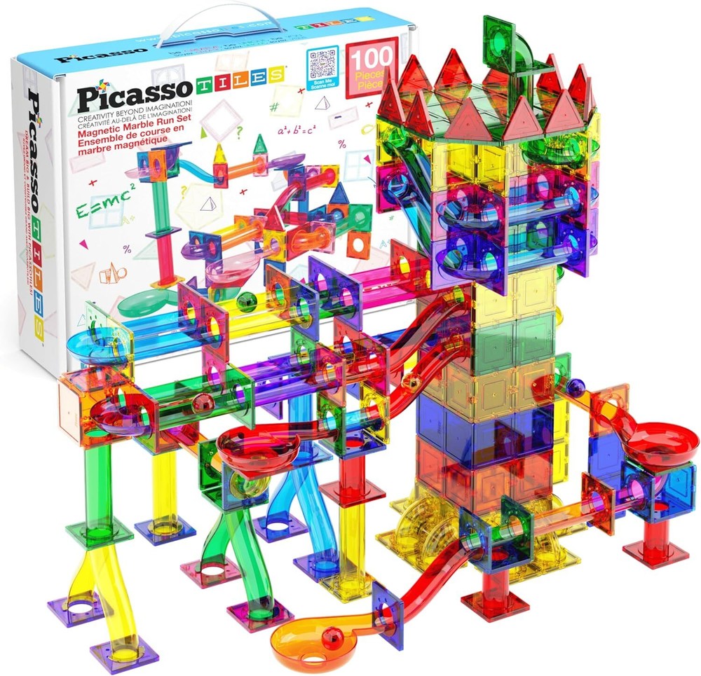 PicassoTiles Marble Run 100 Piece Magnetic Tile Race Track Toy Play Set STEM