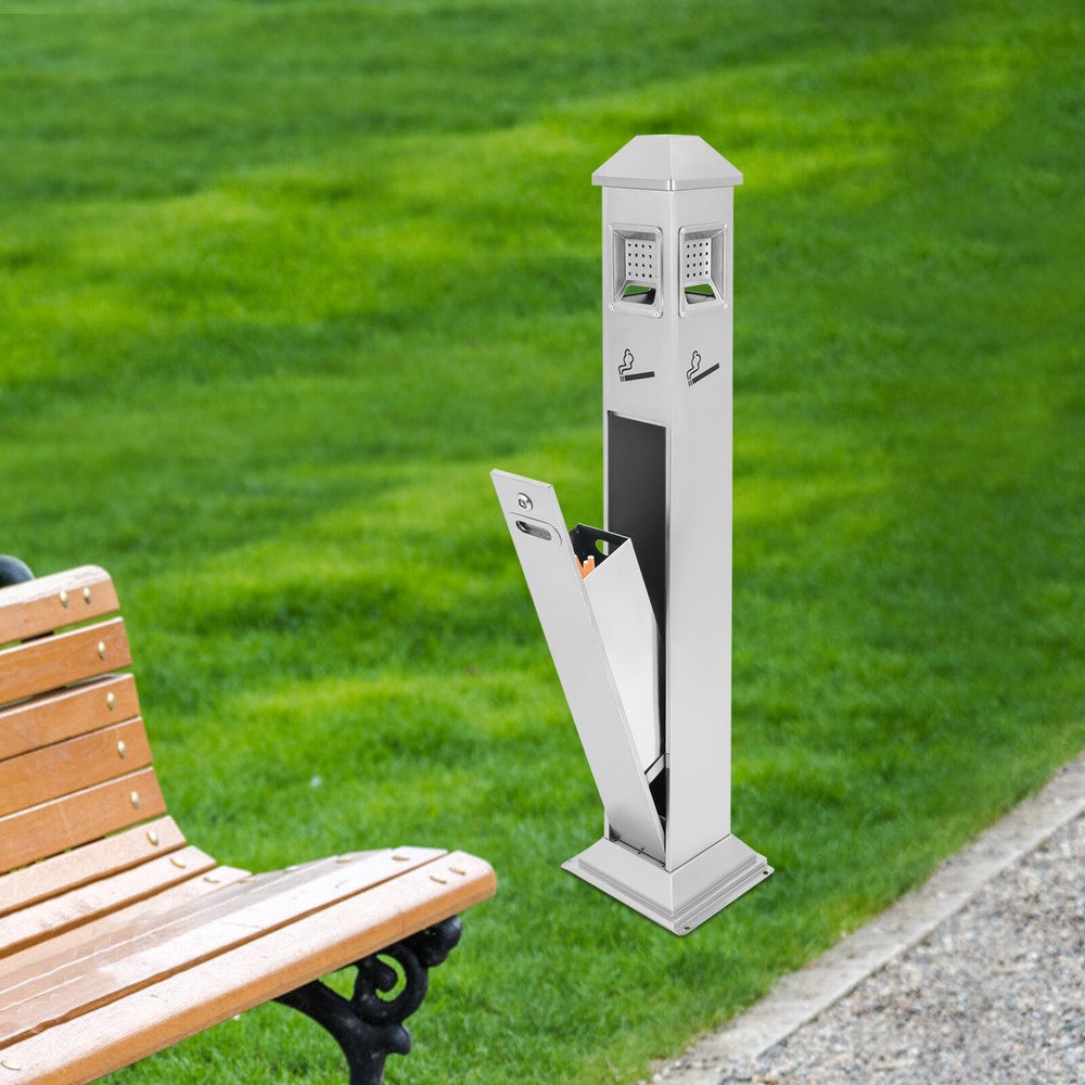 Metal Vertical Trash Bin Cigarette Butts Ash Outdoor Trash Can Container Silver