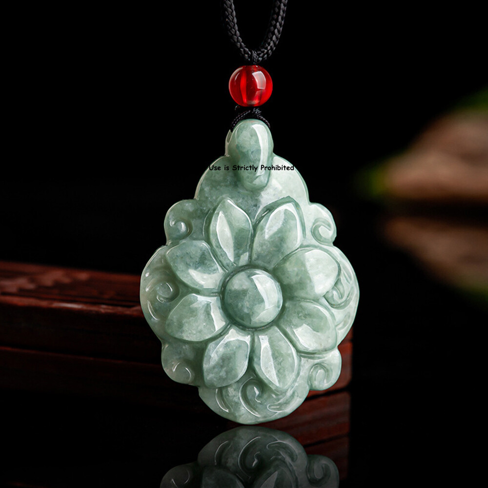 100% Natural Green Jadeite Longevity Flower Pendant for Women