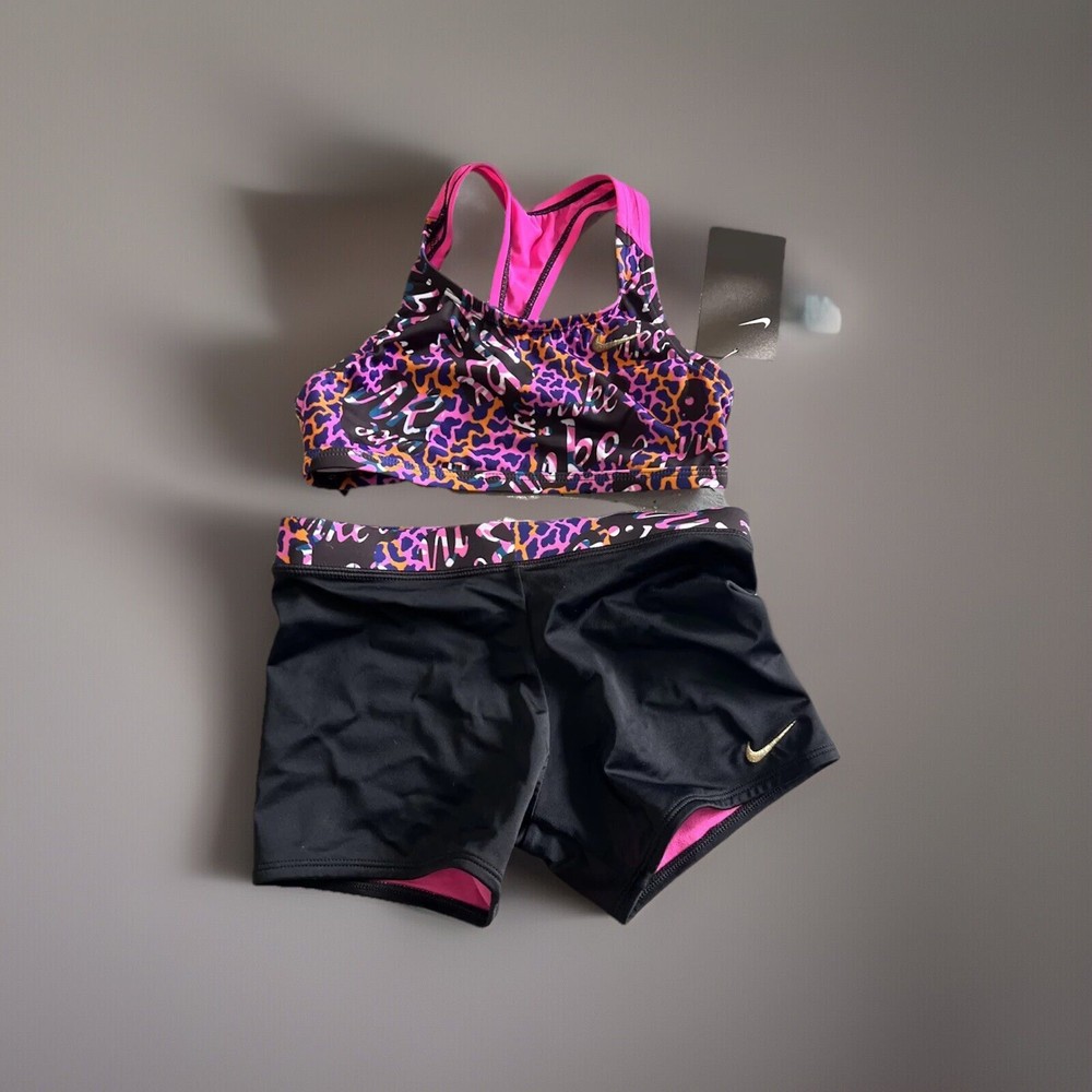 Brand New Nike Girls Swim Set Size Small Pink/Black