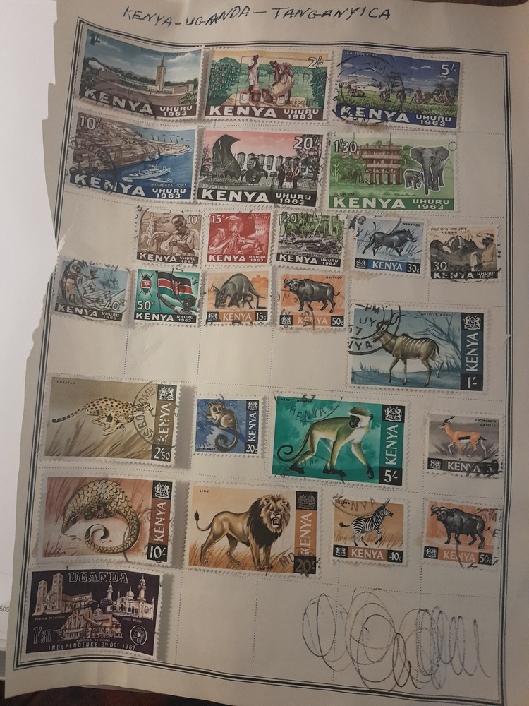 2 pages Kenya stamps old album pages