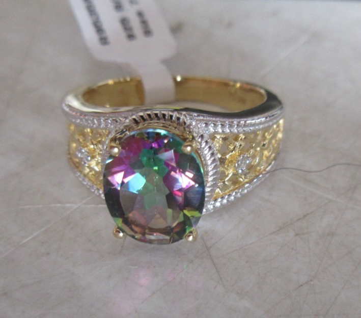 GORGEOUS WOMENS 14KT GOLD OVER SS 3.25 CTW MYSTIC TOPAZ SIZE 7 DESIGNER RING