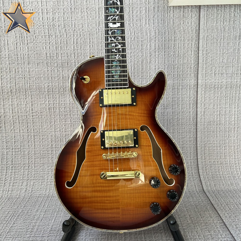 Brown Sunburst Semi-Hollow Electric Guitar with Mahogany Body & Gold Hardware  