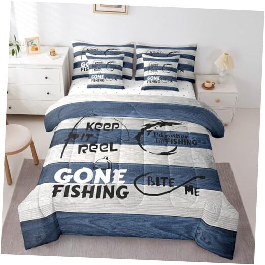 7Pcs Comforter Set Queen Size, Fishing Theme Queen (7-Piece) Navy Blue White