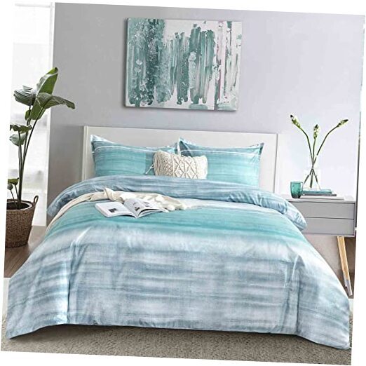 7 Pcs Size Comforter Set with Sheets, Queen Blue & Grey Striped Comforter Set