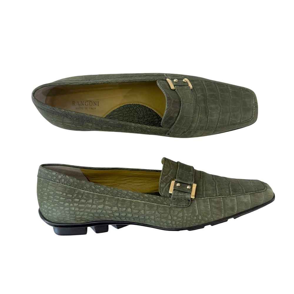 Rangoni Italy Green Croc Leather Loafer Size 9.5 Driving Shoes with Brass Buckle