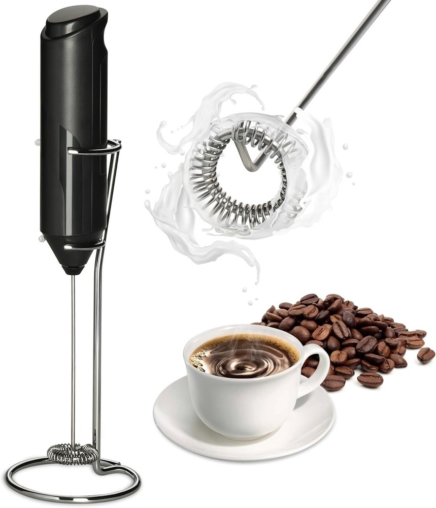 InfiniPower Milk Frother Handheld with Stainless Steel Stand, Battery Black